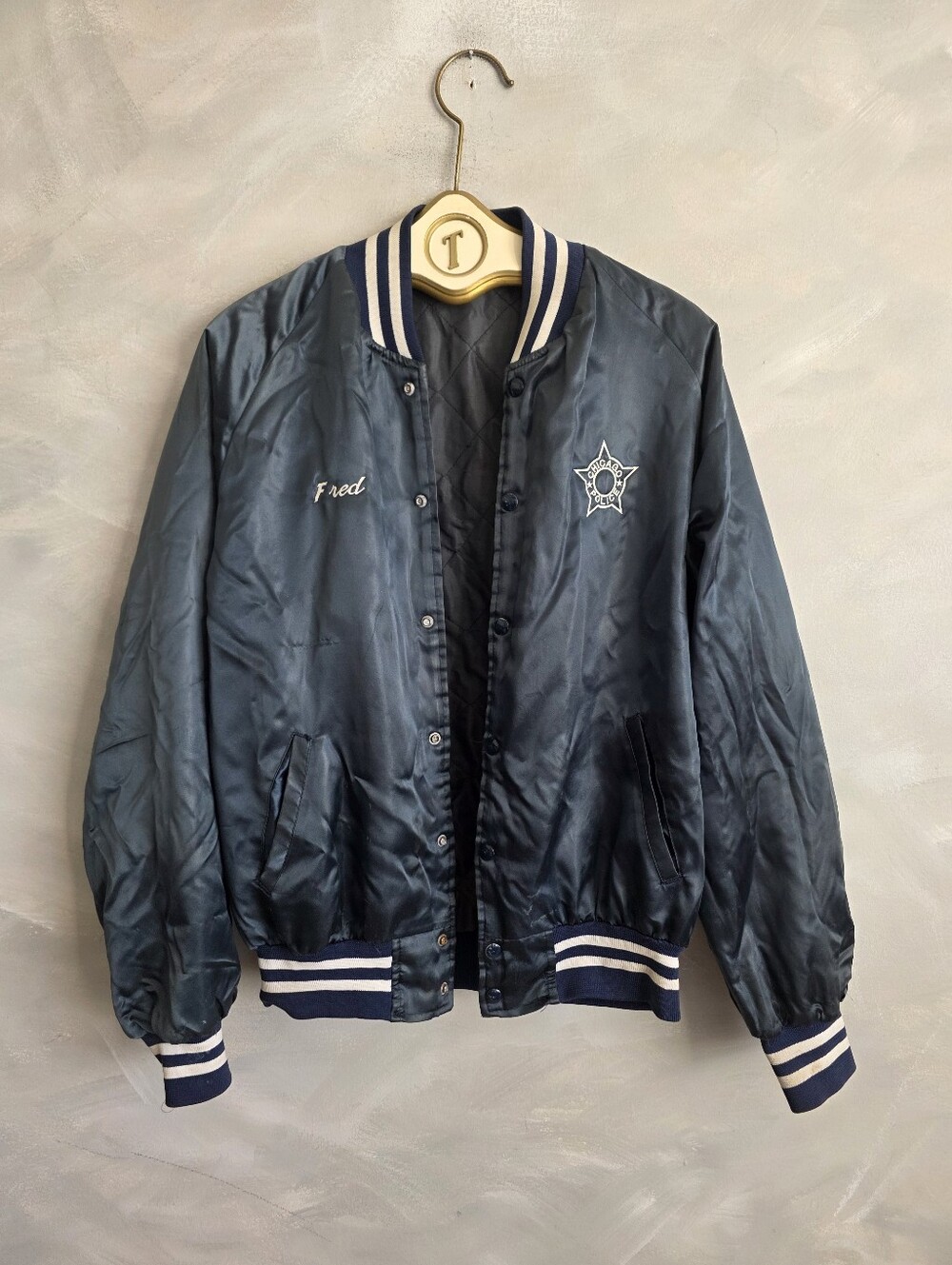 Vintage Navy Blue Satin Bomber Jacket Mens Large Snap Button Front 70s 80s Rubin